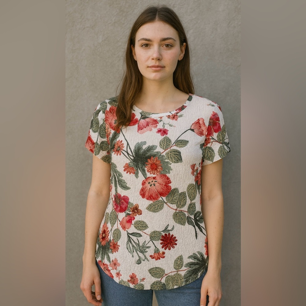Chico’s Floral Crinkle Knit Top Short Sleeve Textured Blouse Cottagecore Large - Picture 2 of 6